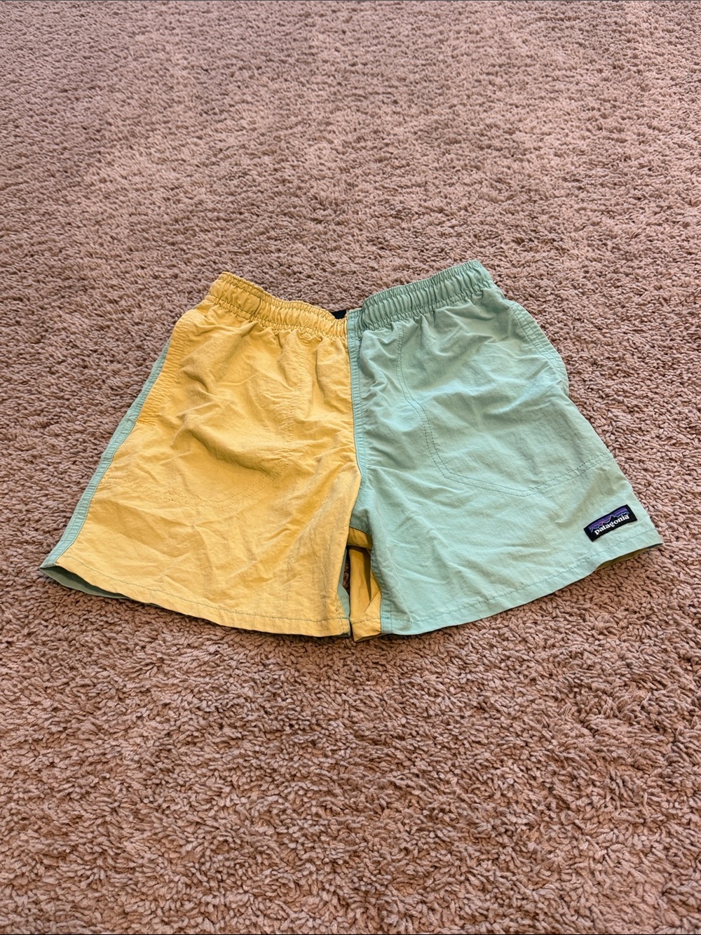 Patagonia Kids Colorblock Yellow and Mint Green Swim Shorts, size L